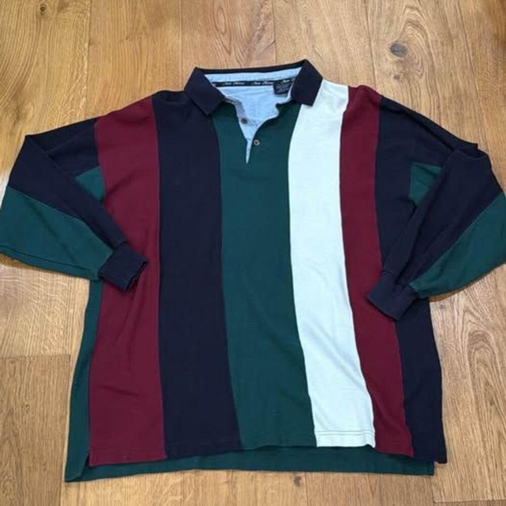 VINTAGE 90s New River Colorblock Stripe Rugby Shirt  XL  Retro Long Sleeve Polo